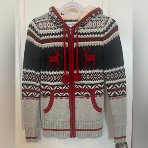 Christmas Sweater Jacket Cardigan Hoodie Sz S Gray/Red Reindeer Shrinking Violet